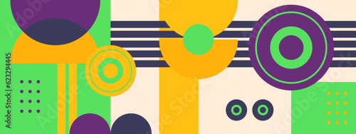 Abstract Geometric Pattern Artwork. Retro colors and color background. Grid with colored geometric shapes. Modern abstract promotional flyer, background, brochure, pattern.