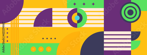 Abstract Geometric Pattern Artwork. Retro colors and color background. Grid with colored geometric shapes. Modern abstract promotional flyer, background, brochure, pattern.