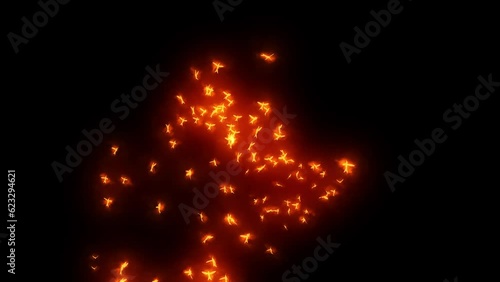 A flock of small red firebirds fly against a black background.