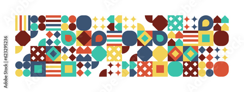 Colorful geometric mosaic seamless pattern illustration with creative abstract shapes. Modern Scandinavian style background print. Trendy bright symbols and shape, texture, geometric collage.