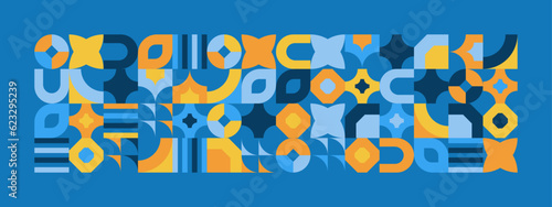 Abstract Geometric Pattern Artwork. Retro colors and color background. Grid with colored geometric shapes. Modern abstract promotional flyer, background, brochure, pattern.