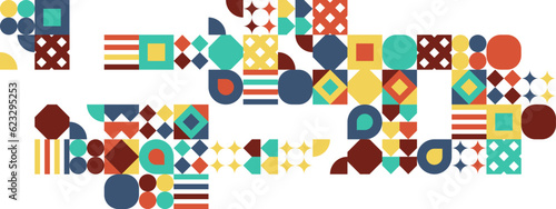 Abstract Geometric Pattern Artwork. Retro colors and color background. Grid with colored geometric shapes. Modern abstract promotional flyer, background, brochure, pattern.