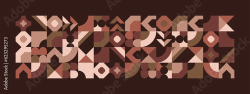 Abstract Geometric Pattern Artwork. Retro colors and brown background. Grid with colored geometric shapes. Modern abstract promotional flyer, background, brochure, pattern.