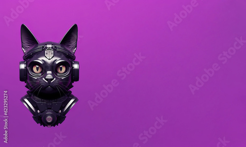 Robot-Cat, Halloween them. Black fancy cat on vivid purple background. Wide banner with copy space for text. AI image.  photo