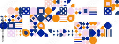 Abstract Geometric Pattern Artwork. Retro colors and color background. Grid with colored geometric shapes. Modern abstract promotional flyer, background, brochure, pattern.