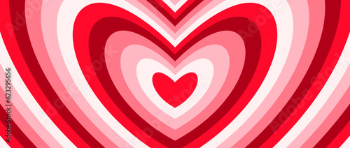 Groovy repeating hearts background. Red and pink romantic pattern. Concentric hypnotic heart design in retro style. Abstract horizontal valentines wallpaper. Vector