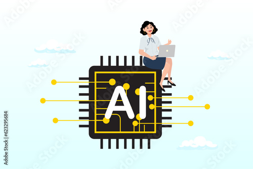 Woman work with computer laptop on AI artificial intelligence chip, working with AI artificial intelligence, technology helping or support success work, AI prompt engineer or robot assistance (Vector)