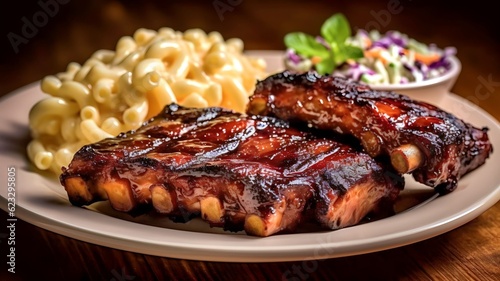 Barbeque grilled ribs with bbq sauce, cole slaw and macaroni and cheese