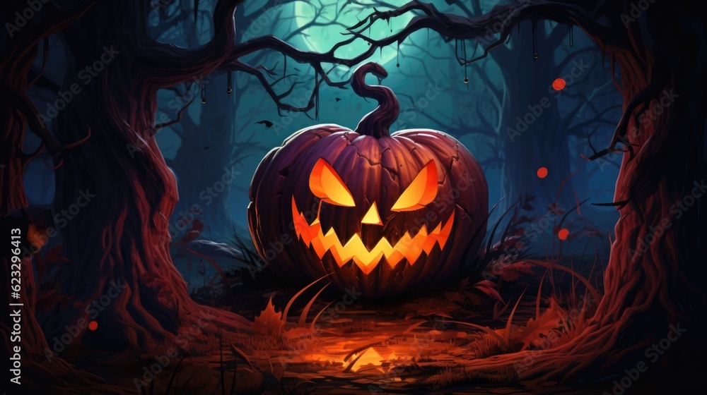 A funny pumpkin sitting in the woods with a scary smile, in the style of nightmarish halloween illustrations. AI generative. A funny pumpkin sitting in the woods with a scary smile, in the style of nightmarish halloween illustrations. AI generative.