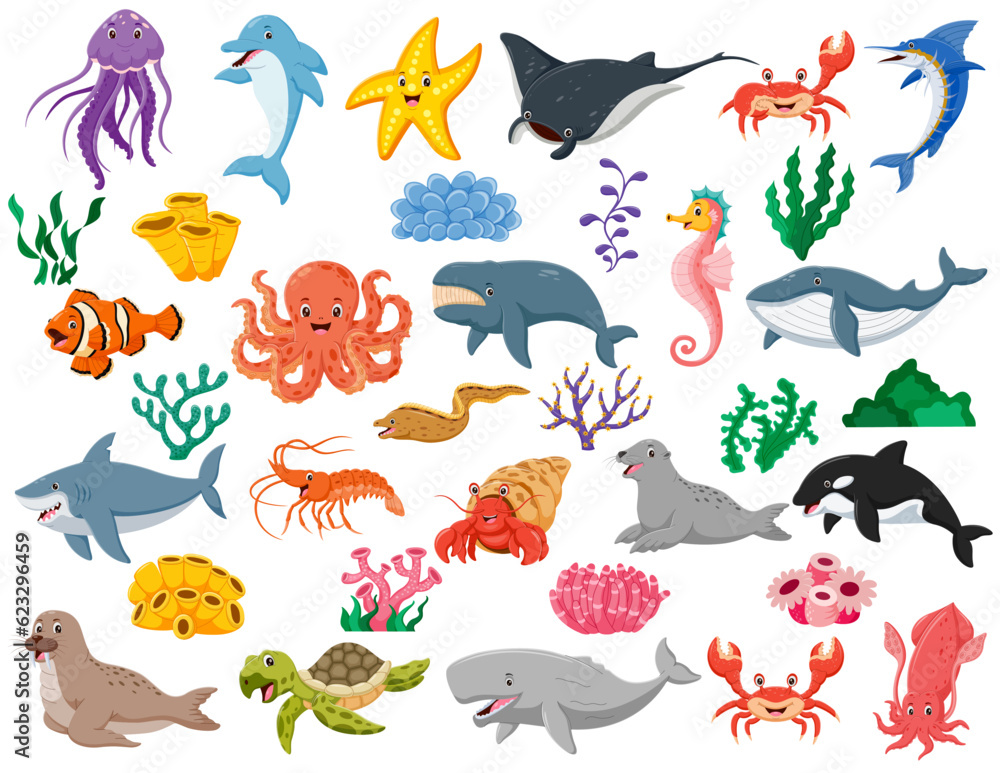 Fish and wild marine animals are isolated on white background. Inhabitants of the sea world, cute, funny underwater creatures dolphin, shark, ocean crabs, sea turtle, shrimp. Vector illustration Fish and wild marine animals are isolated on white background. Inhabitants of the sea world, cute, funny underwater creatures dolphin, shark, ocean crabs, sea turtle, shrimp. Vector illustration