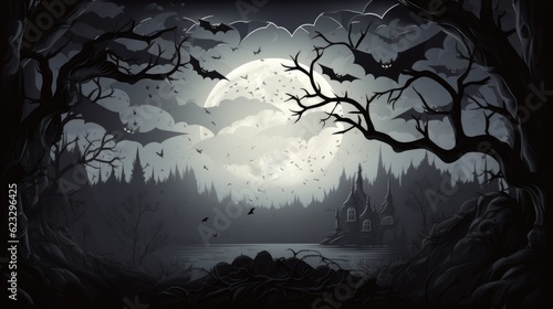 A cemetery landscape with bats and skeletons, in the style of cartoonish halloween character design. AI generative.
