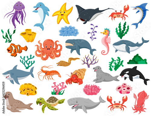 Fish and wild marine animals are isolated on white background. Inhabitants of the sea world, cute, funny underwater creatures dolphin, shark, ocean crabs, sea turtle, shrimp. Vector illustration