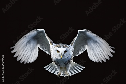 n owl in flight with outstretched wings against a dark background. Generative AI photo