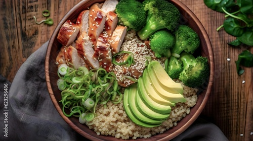 Healthy buddha bowl lunch with grilled chicken, quinoa, spinach, avocado, brussels sprouts, broccoli, red beans with sesame seeds. Top view © Salsabila Ariadina