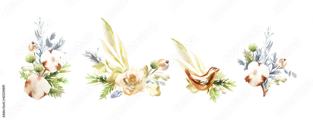Obraz premium A set of bouquets of fir branches, glass Christmas toys and flowers on a transparent background. Hand drawn watercolor.