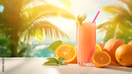 Refreshing summer drink with fruits with ice and mint on a wooden table on the background of the sea and palm trees.
