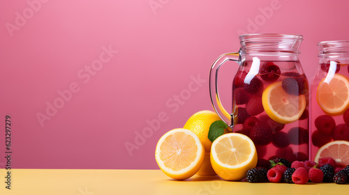 Cocktail Sangria with blackberry, lemon and ice on coloured background