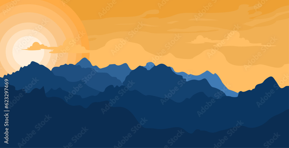 vector Beautiful blue mountains, with sunrise or sunset sky and lens flare