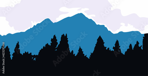 illustration of a dark blue mountain landscape with surrounding trees and a clear sky 