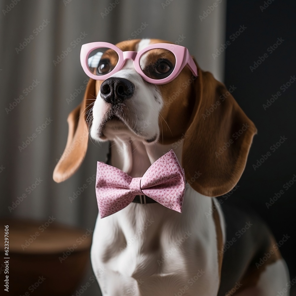 Cozy Beagle: Dog wearing cat-eye glasses and pink bow tie, isolated on white with soft lighting, warm and cozy, generative AI