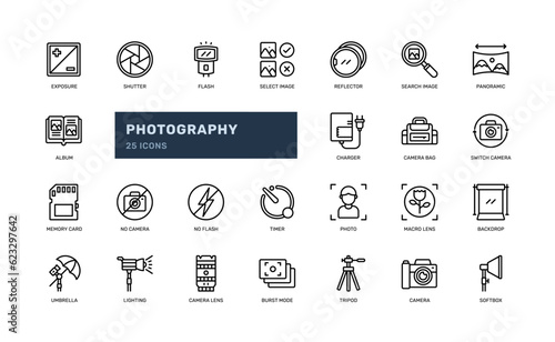 Photography image camera studio lens detailed outline line icon set