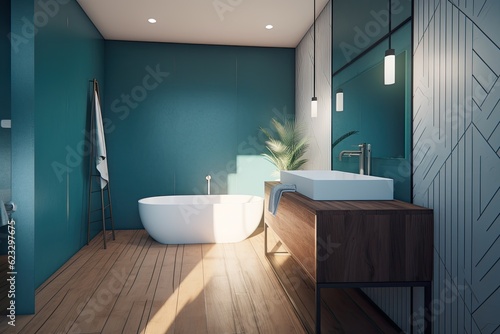  modern bathroom with a bathtub  sink  and mirror. Generative AI