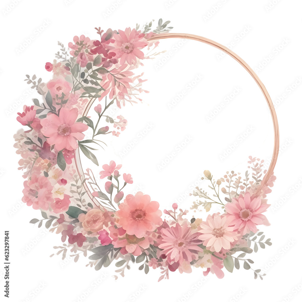 Frame with Pink Watercolor Flowers on transparent background,generative ai