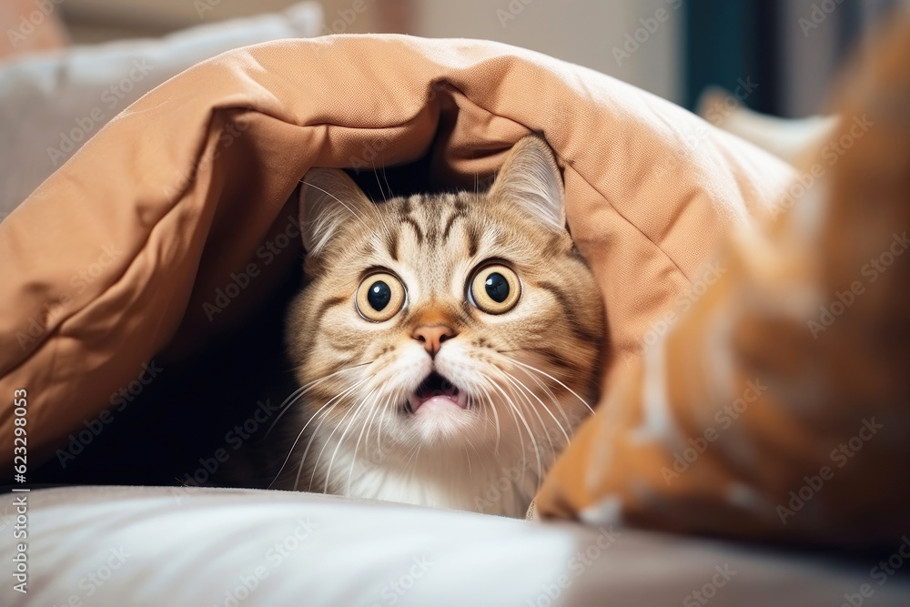 Scared cat under the blanket in a bed, Generative AI