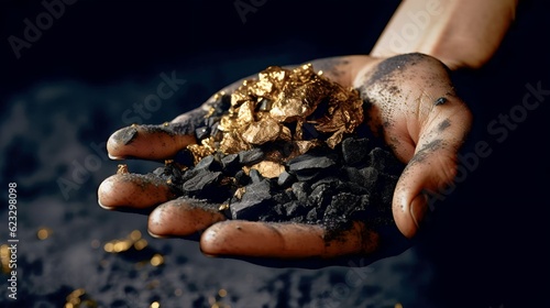 Pure gold from the mine that was unearthed was placed on the black sand photo