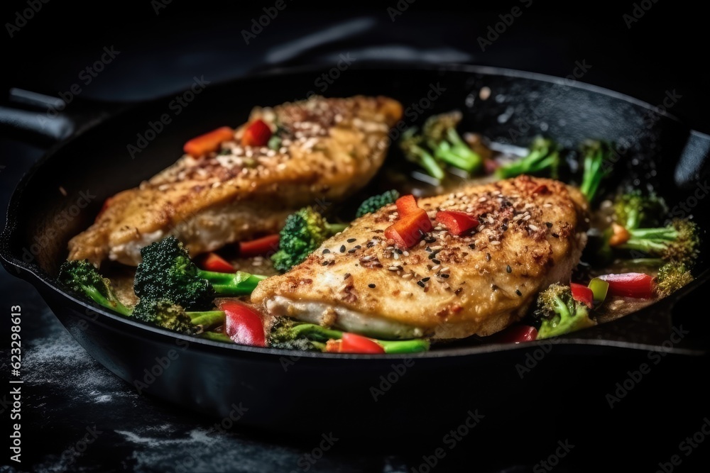  colorful and healthy stir fry with chicken, broccoli, and peppers in a skillet. Generative AI