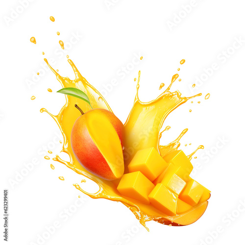 mango with dynamic mango lasse juice splash on transparent background Remove png created with Generative AI, Clipping Path