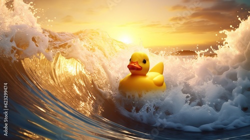 Foto Rubber duck swimming in the ocean near sunset