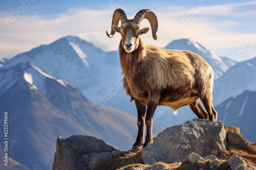 Mountain wild argali on the top of a rock against the backdrop of a mountain landscape