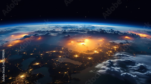 Panoramic view on planet Earth globe from space. Glowing city lights, light clouds. Generative AI