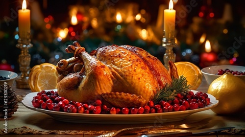 Fényképezés Traditional grilled turkey on a festive table against the backdrop of a Christma