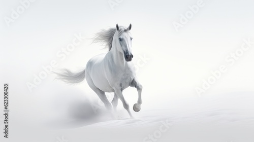 A white horse gallops in a white desert with white fog. Ai generation © Olmyntay