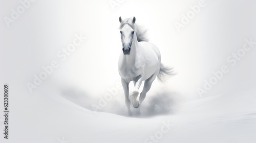 A white horse gallops raising dust in a white desert with white fog. Ai generation © Olmyntay