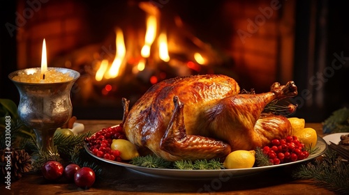 Traditional grilled turkey on a festive table against the backdrop of a Christmas tree