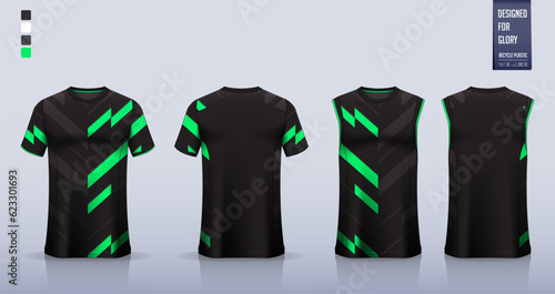 Black T-shirt sport, Soccer jersey, football kit, basketball uniform, tank top, and running singlet mockup. Fabric pattern design. Vector Illustration