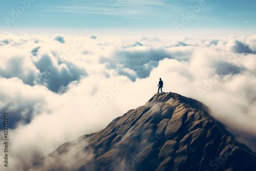 Landscape  business concept. Person standing on the top of the mountain above the clouds. Panoramic view with copy space. Person reached goal and success in life. Generative AI