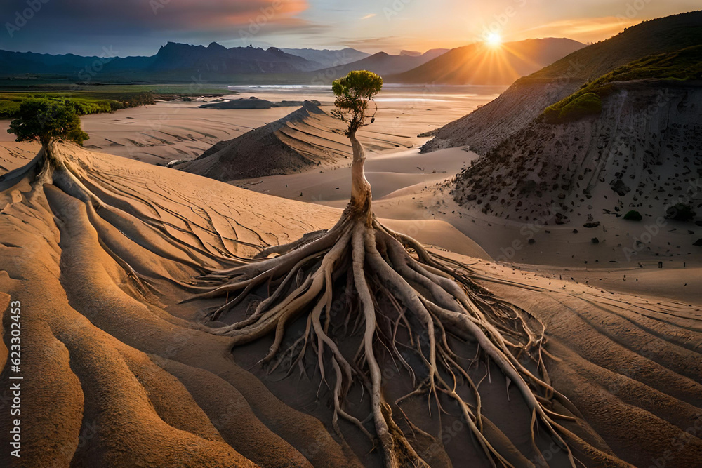 Sand dunes in the desert. Plants with large roots that rise upwards ...