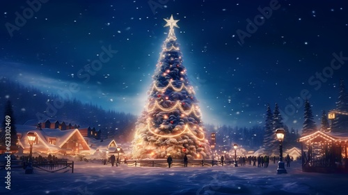 very big christmas tree with bright stars on top which shines brightly in the snow village and many people look at it © Salsabila Ariadina
