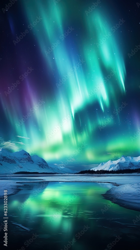 The Arctic aurora borealis landscape. The night sky dances with vibrant hues. Otherworldly backdrop of a black starry sky. Mystical feeling and sense of wonder. Northern lights. Generative AI.