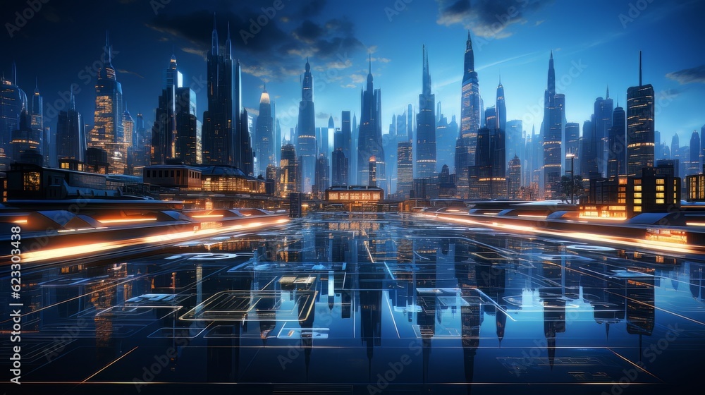 Smart city and communication network concept. 5G telecommunication. Digital Landscape AI