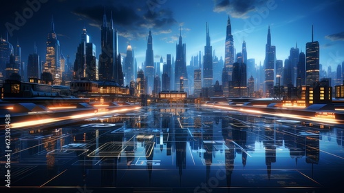 Smart city and communication network concept. 5G telecommunication. Digital Landscape AI