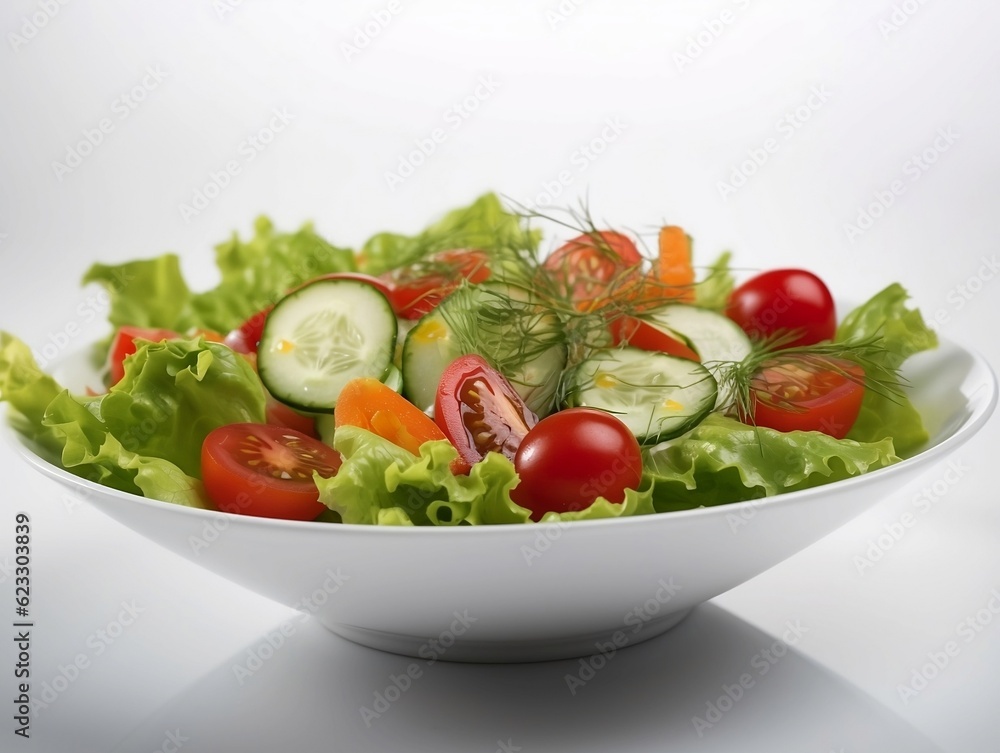 Vibrant veggies: Salad with fresh lettuce, ripe tomato and crisp cucumber, close-up shot, isolated on white, generative AI Vibrant veggies: Salad with fresh lettuce, ripe tomato and crisp cucumber, close-up shot, isolated on white, generative AI