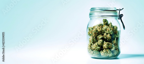 Dry medical cannabis buds in jar on uniform background. Generative AI