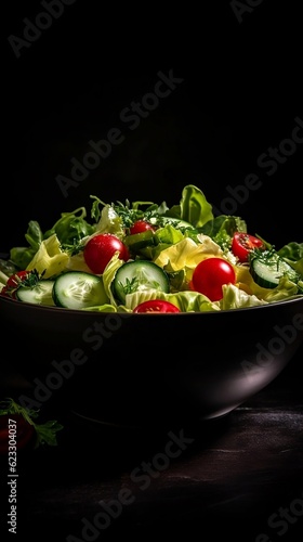 Fresh and flavorful: Salad with lettuce, tomato and cucumber tossed together, isolated on black with bold lighting, generative AI
