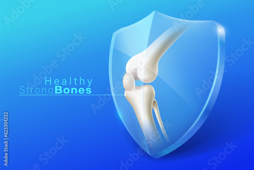 The icon shows a strong leg and knee joint with a crystal glass shield. Providing medical services, advertising, food and vitamins. 3d realistic vector file.