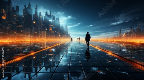 Silhouettes of people walking in the futuristic technological progress city. Digital technology AI